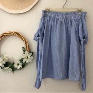 Blue Vertical Striped Boat Neck Tie Cuff Blouse